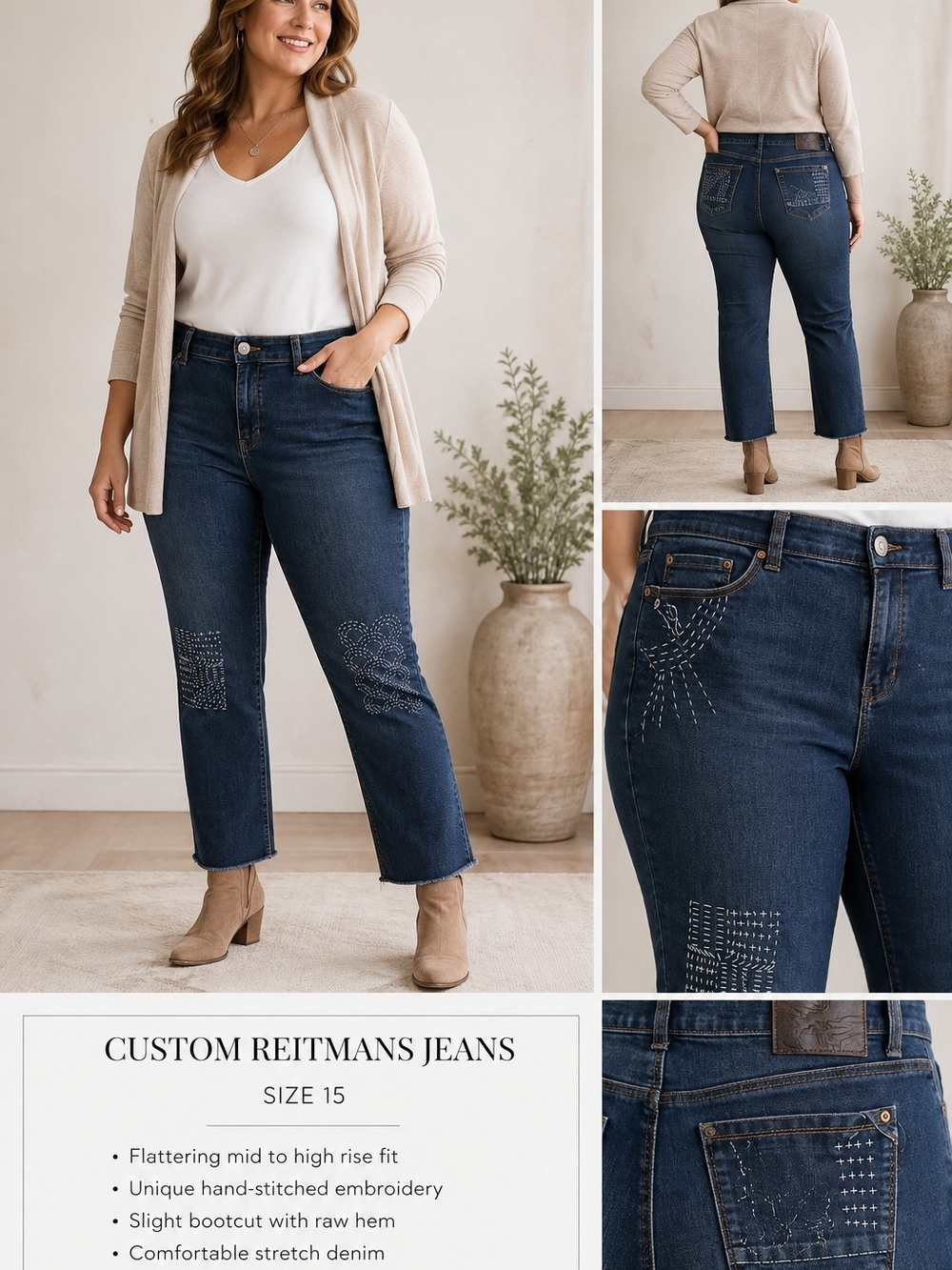 Reitmans Dark Blue Bootcut Jeans with Hand-Stitched Embroidery